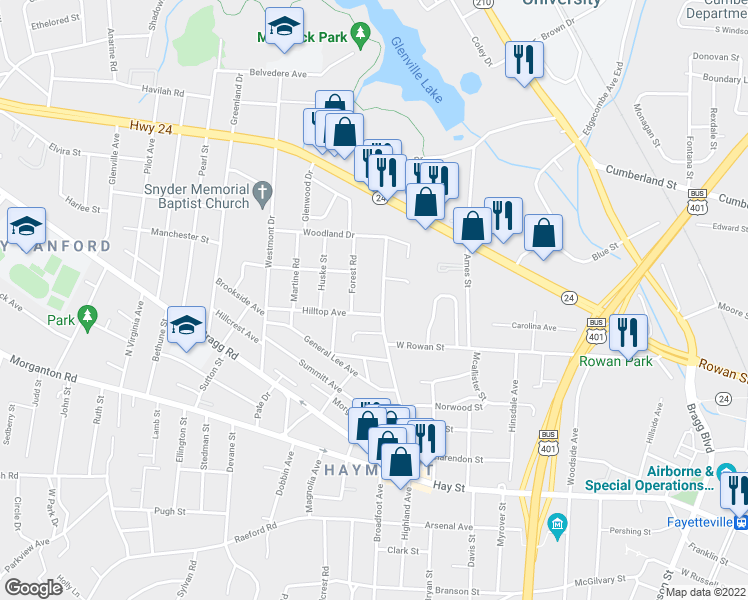 map of restaurants, bars, coffee shops, grocery stores, and more near 505 Oakridge Avenue in Fayetteville