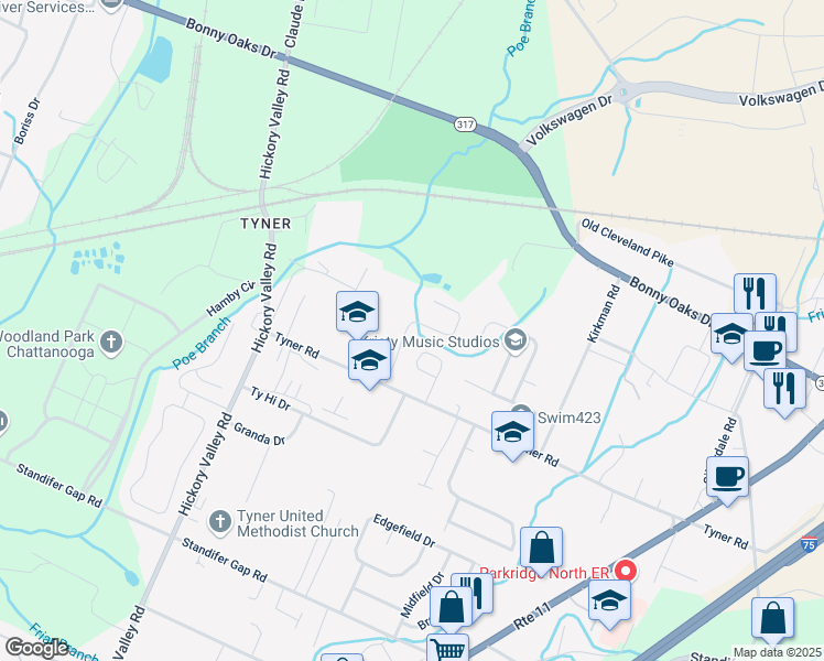 map of restaurants, bars, coffee shops, grocery stores, and more near 7117 Tyner Crossing Drive in Chattanooga