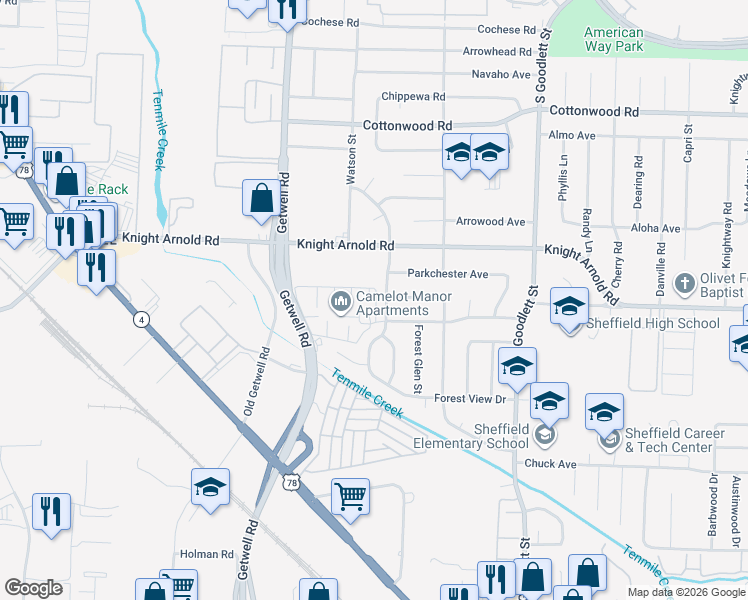 map of restaurants, bars, coffee shops, grocery stores, and more near 3151 Ashwood Street in Memphis