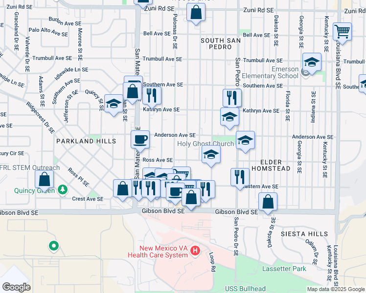 map of restaurants, bars, coffee shops, grocery stores, and more near 1029 Alvarado Drive Southeast in Albuquerque