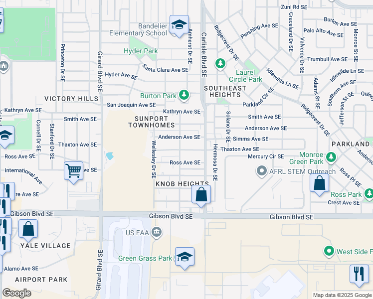 map of restaurants, bars, coffee shops, grocery stores, and more near 3502 Thaxton Avenue Southeast in Albuquerque