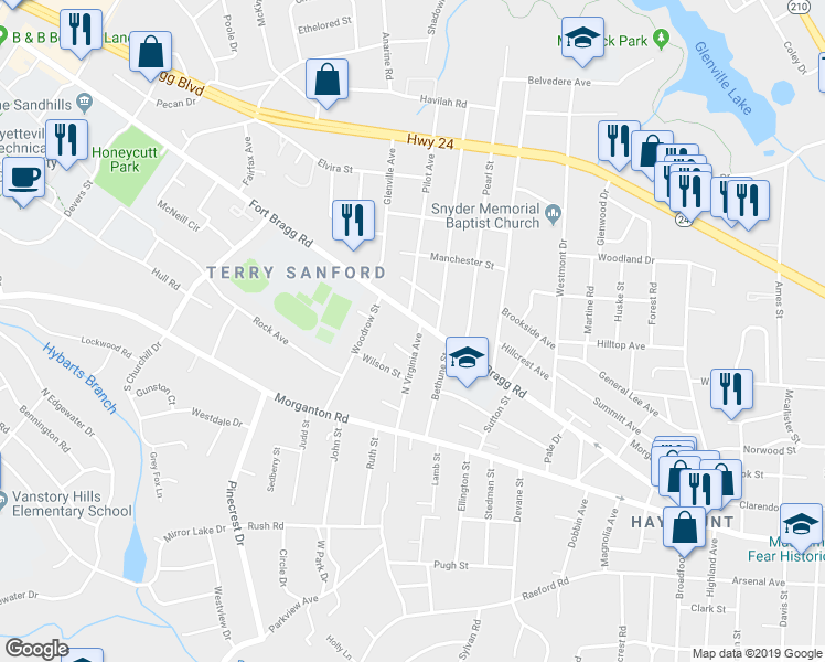 map of restaurants, bars, coffee shops, grocery stores, and more near 216 North Virginia Avenue in Fayetteville