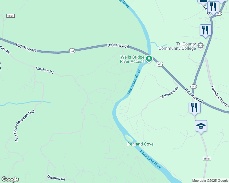map of restaurants, bars, coffee shops, grocery stores, and more near 25 Tree Top Terrace in Murphy