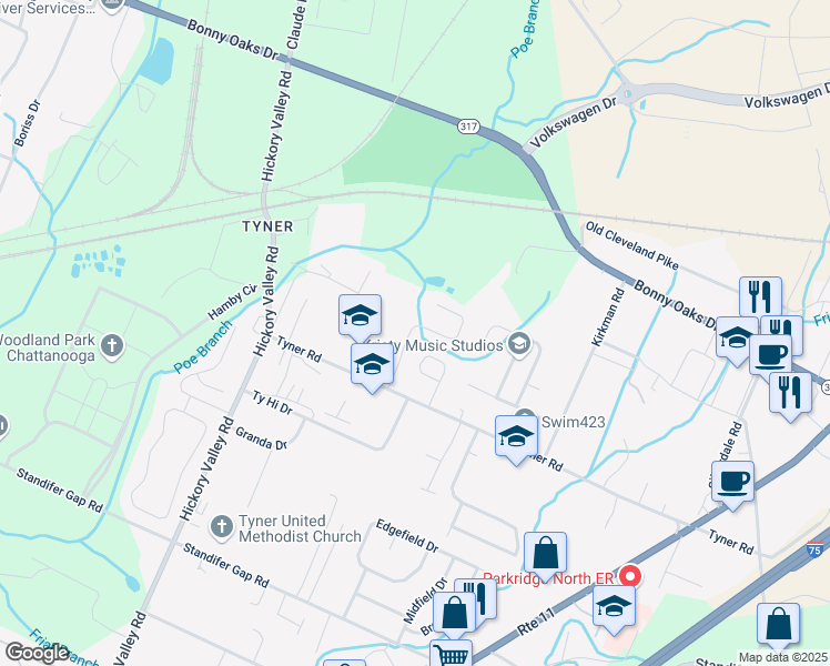 map of restaurants, bars, coffee shops, grocery stores, and more near 7117 Tyner Crossing Drive in Chattanooga