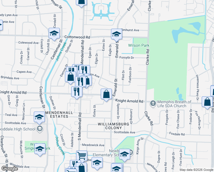 map of restaurants, bars, coffee shops, grocery stores, and more near 3166 Estes Street in Memphis