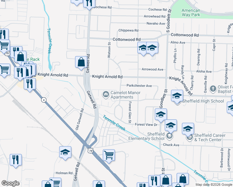 map of restaurants, bars, coffee shops, grocery stores, and more near 3151 Ashwood Street in Memphis