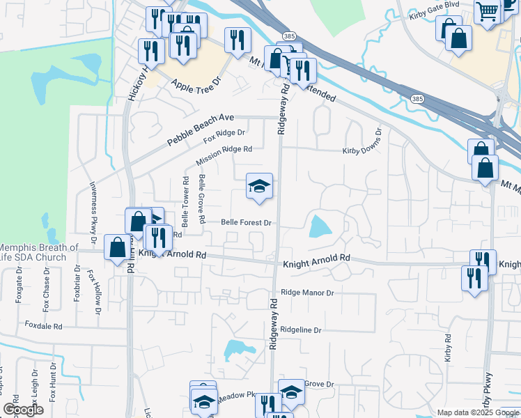 map of restaurants, bars, coffee shops, grocery stores, and more near 3135 Ridgeway Road in Memphis