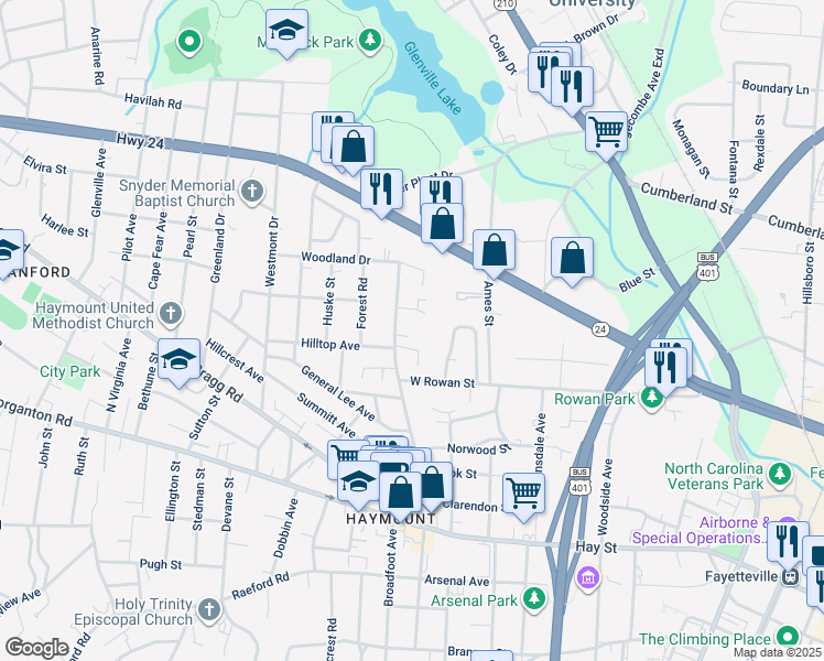 map of restaurants, bars, coffee shops, grocery stores, and more near 806 Alternative Drive in Fayetteville