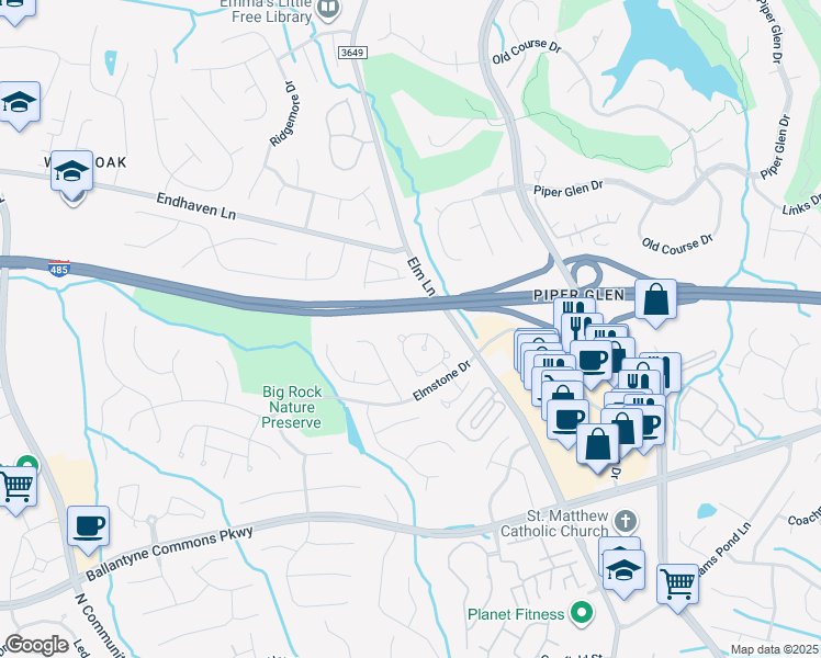 map of restaurants, bars, coffee shops, grocery stores, and more near 6305 Rosebriar Lane in Charlotte
