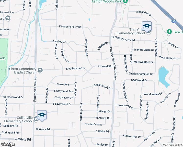 map of restaurants, bars, coffee shops, grocery stores, and more near 319 East Valleywood Drive in Collierville