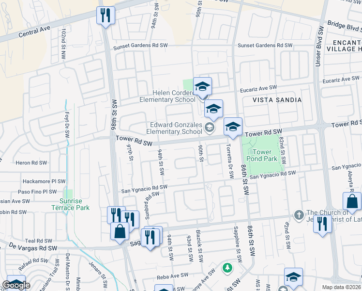 map of restaurants, bars, coffee shops, grocery stores, and more near 9104 Sundeck Court Southwest in Albuquerque