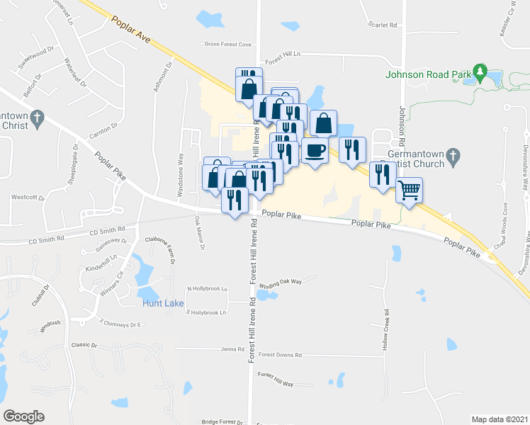 map of restaurants, bars, coffee shops, grocery stores, and more near 9129 Poplar Pike in Germantown