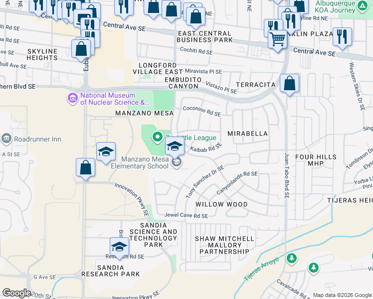 map of restaurants, bars, coffee shops, grocery stores, and more near 11008 Kaibab Road Southeast in Albuquerque