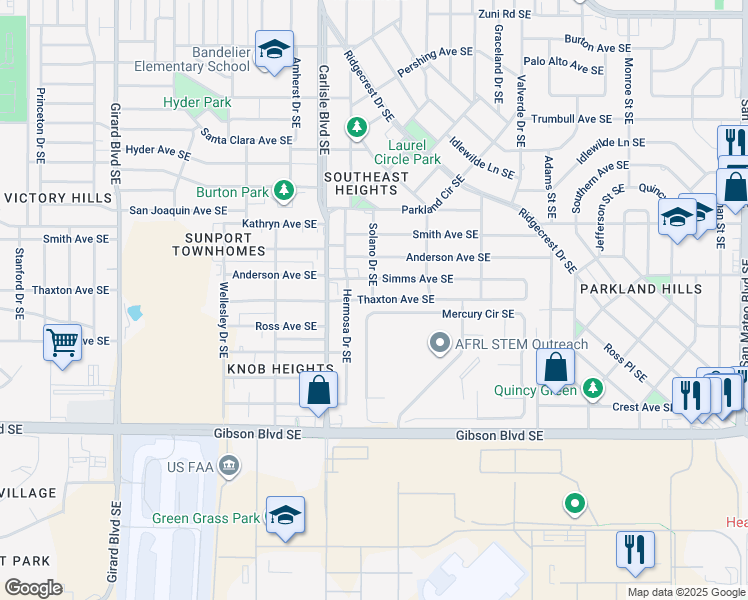 map of restaurants, bars, coffee shops, grocery stores, and more near 3801 Thaxton Avenue Southeast in Albuquerque