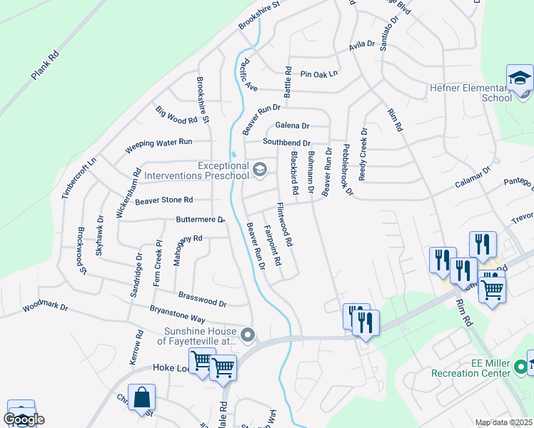 map of restaurants, bars, coffee shops, grocery stores, and more near 7445 Fairpoint Road in Fayetteville