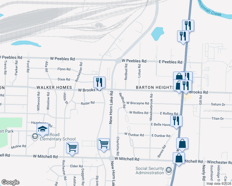 map of restaurants, bars, coffee shops, grocery stores, and more near 3155 New Horn Lake Road in Memphis