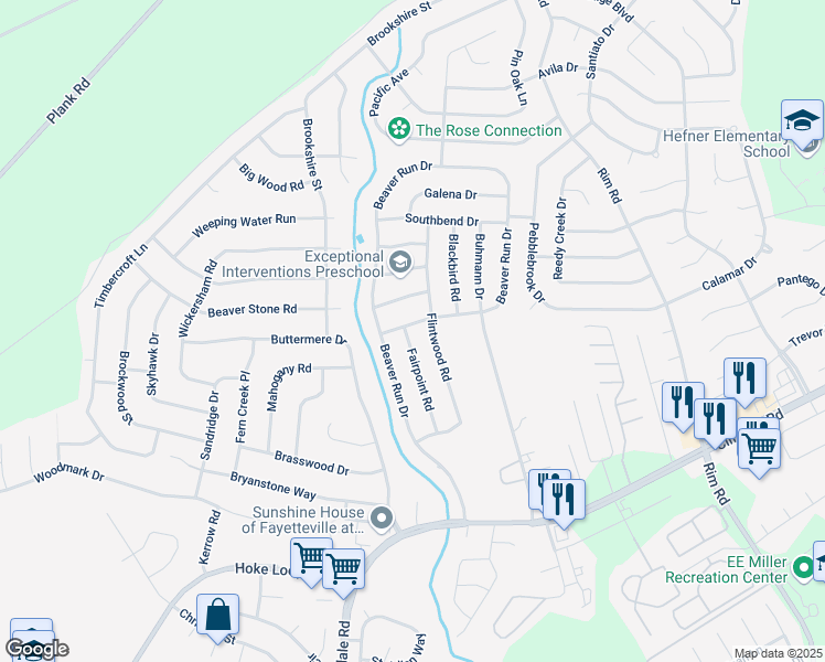 map of restaurants, bars, coffee shops, grocery stores, and more near 7445 Fairpoint Road in Fayetteville