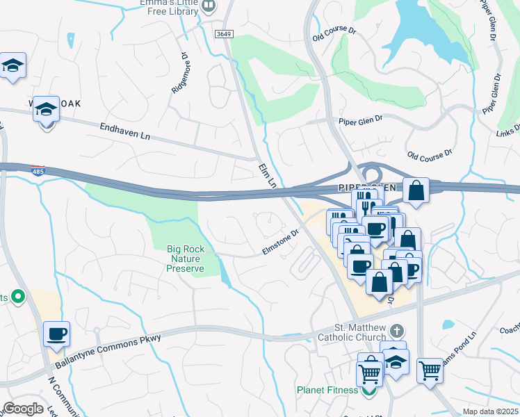 map of restaurants, bars, coffee shops, grocery stores, and more near 6305 Rosebriar Lane in Charlotte