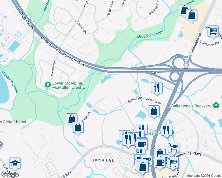 map of restaurants, bars, coffee shops, grocery stores, and more near 13850 Ballantyne Corporate Place in Charlotte