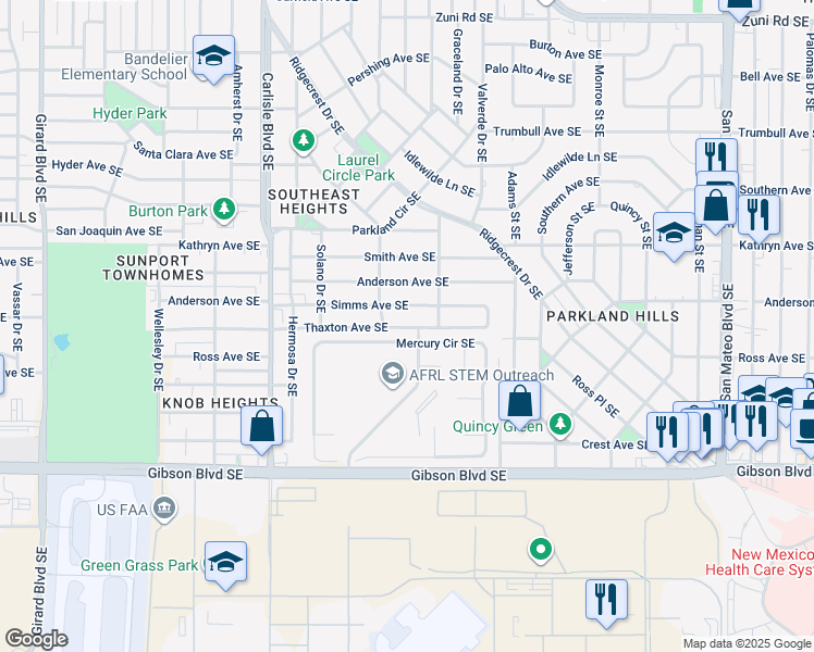 map of restaurants, bars, coffee shops, grocery stores, and more near 3915 Thaxton Avenue Southeast in Albuquerque