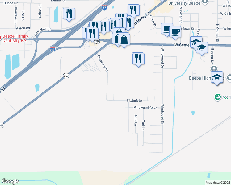 map of restaurants, bars, coffee shops, grocery stores, and more near 607 Sherry Drive in Beebe