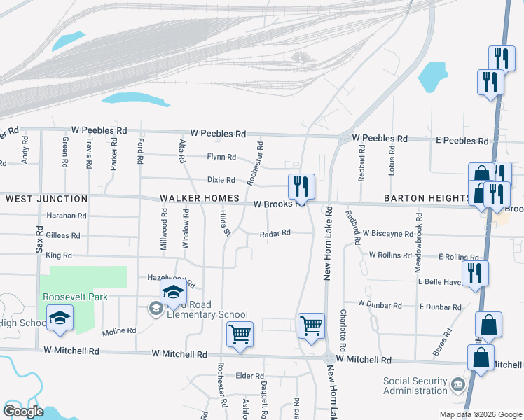 map of restaurants, bars, coffee shops, grocery stores, and more near 3160 Rochester Road in Memphis