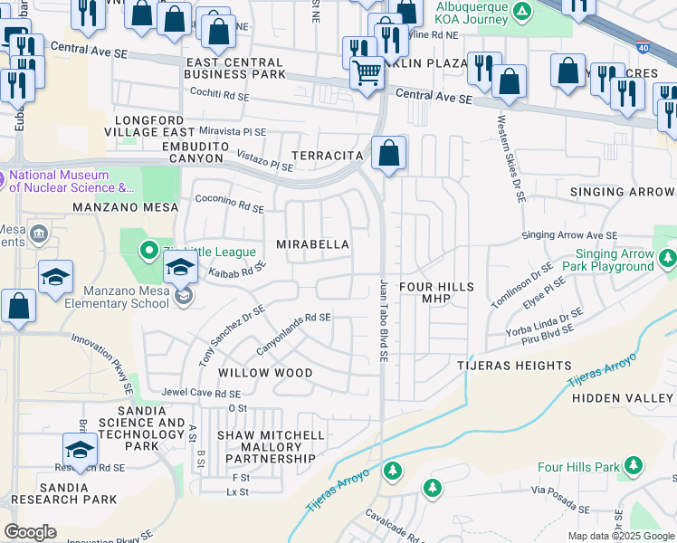 map of restaurants, bars, coffee shops, grocery stores, and more near 11504 Singing Arrow Avenue Southeast in Albuquerque