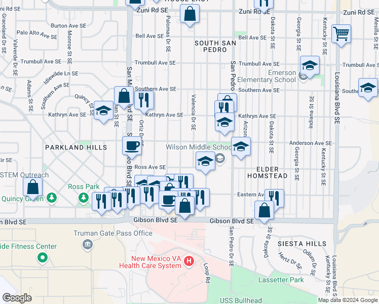 map of restaurants, bars, coffee shops, grocery stores, and more near 1025 Valencia Drive Southeast in Albuquerque