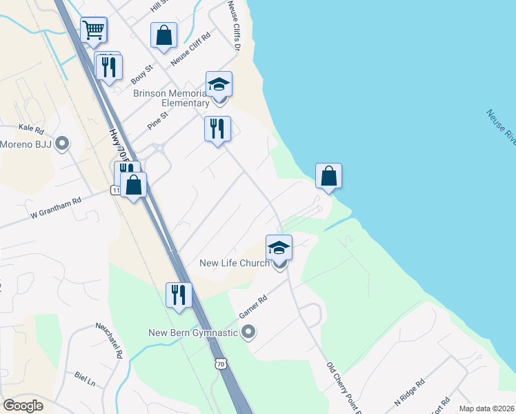 map of restaurants, bars, coffee shops, grocery stores, and more near 401 Swiss Road in New Bern