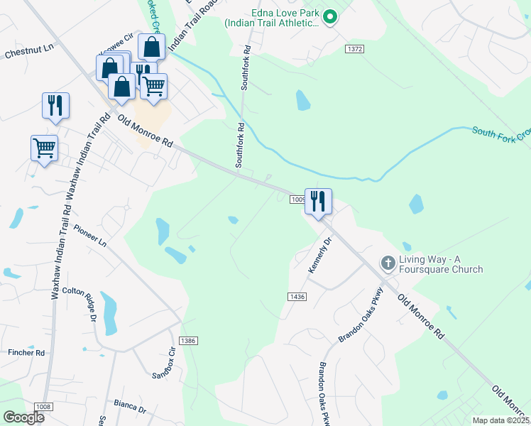 map of restaurants, bars, coffee shops, grocery stores, and more near 947 Radio Drive in Indian Trail