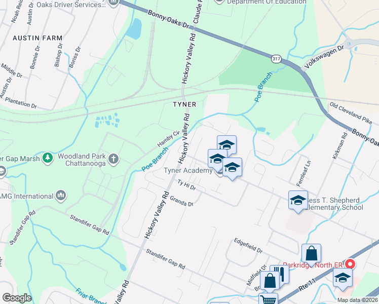 map of restaurants, bars, coffee shops, grocery stores, and more near 6809 Tyner Road in Chattanooga