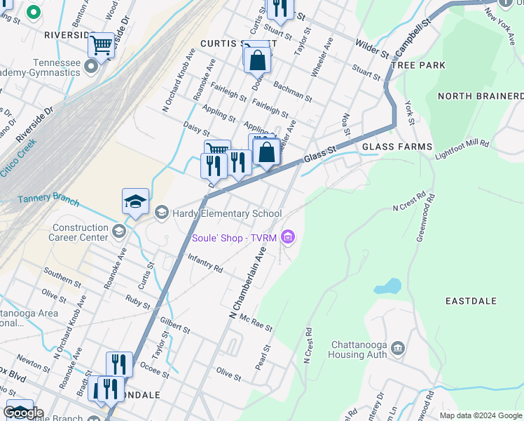 map of restaurants, bars, coffee shops, grocery stores, and more near 2215 North Chamberlain Avenue in Chattanooga