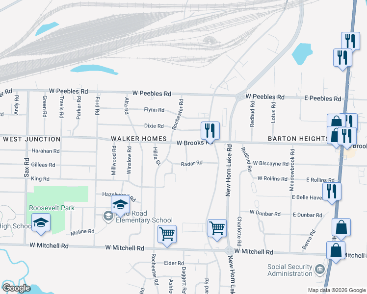 map of restaurants, bars, coffee shops, grocery stores, and more near 3160 Rochester Road in Memphis