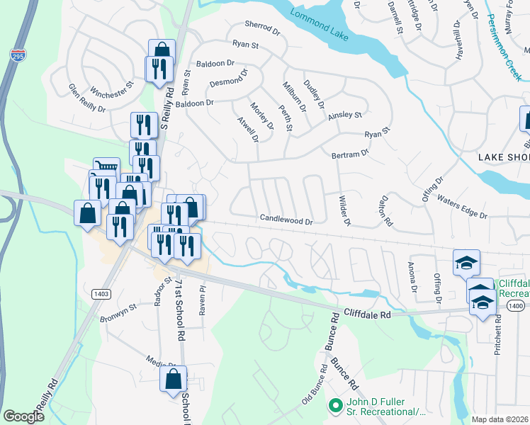 map of restaurants, bars, coffee shops, grocery stores, and more near 6977 Candlewood Drive in Fayetteville