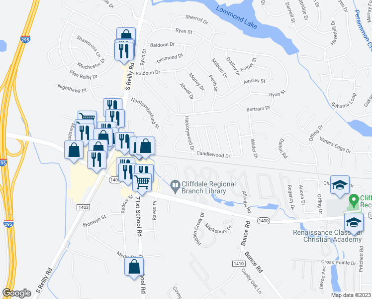 map of restaurants, bars, coffee shops, grocery stores, and more near 7006 Candlewood Drive in Fayetteville