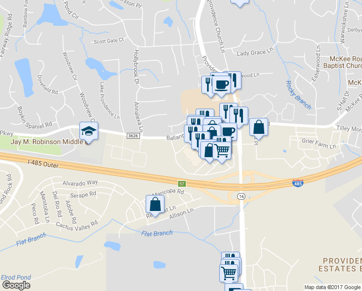map of restaurants, bars, coffee shops, grocery stores, and more near 5433 Ballantyne Commons Parkway in Charlotte