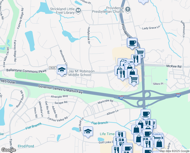 map of restaurants, bars, coffee shops, grocery stores, and more near 10719 Annalexa Lane in Charlotte