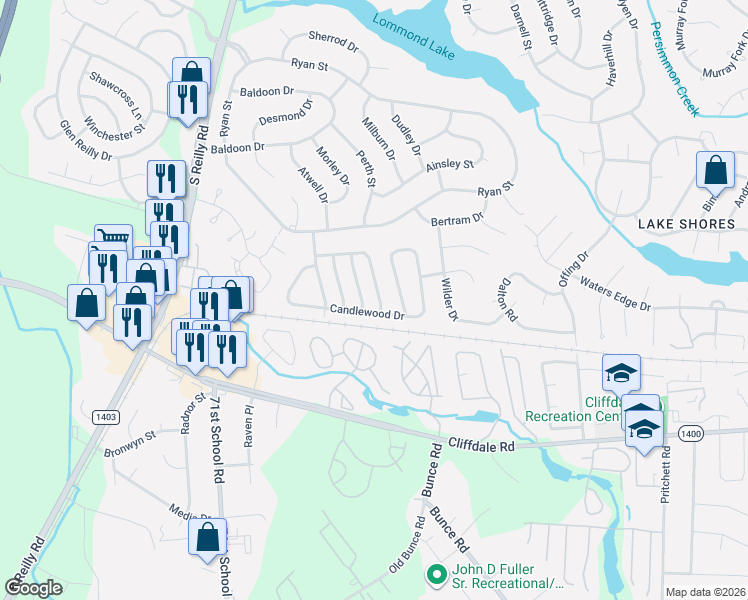 map of restaurants, bars, coffee shops, grocery stores, and more near 6941 Candlewood Drive in Fayetteville