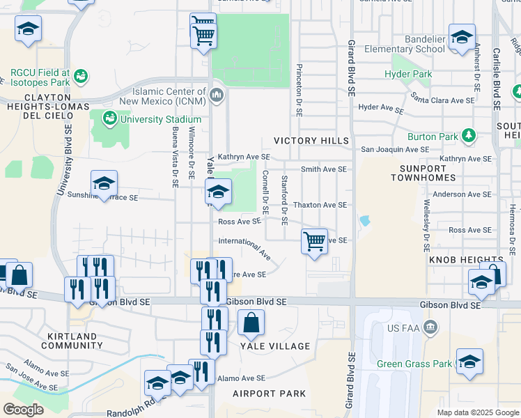 map of restaurants, bars, coffee shops, grocery stores, and more near 2500 Ross Avenue Southeast in Albuquerque