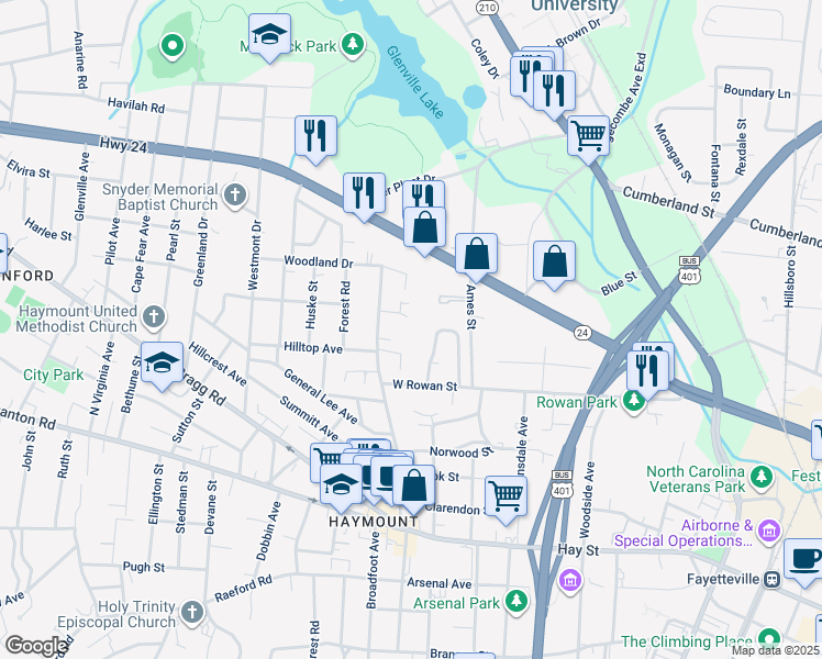 map of restaurants, bars, coffee shops, grocery stores, and more near 501 Lambert Street in Fayetteville