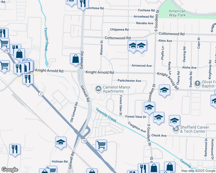 map of restaurants, bars, coffee shops, grocery stores, and more near 3151 Ashwood Street in Memphis