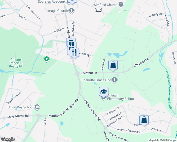 map of restaurants, bars, coffee shops, grocery stores, and more near 2835 Chestnut Lane in Stallings