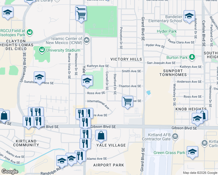 map of restaurants, bars, coffee shops, grocery stores, and more near 2500 Ross Avenue Southeast in Albuquerque