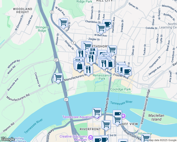 map of restaurants, bars, coffee shops, grocery stores, and more near 200 Manufacturers Road in Chattanooga
