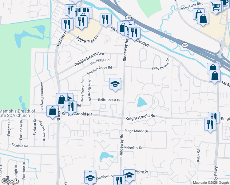 map of restaurants, bars, coffee shops, grocery stores, and more near 3135 Ridgeway Road in Memphis