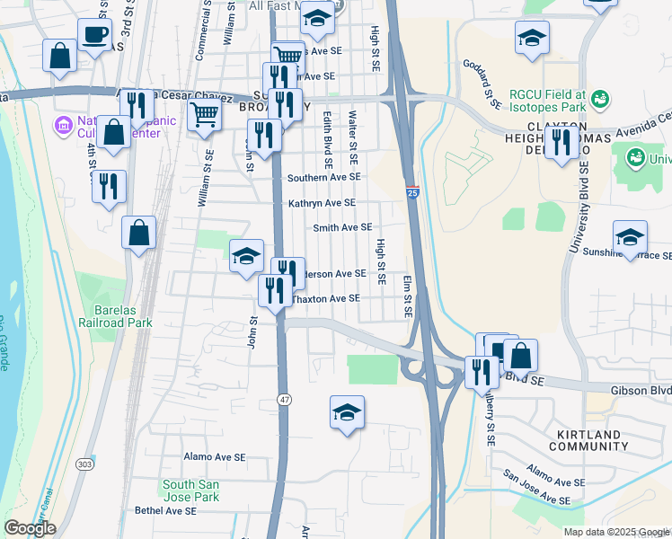 map of restaurants, bars, coffee shops, grocery stores, and more near 2008 Edith Boulevard Southeast in Albuquerque
