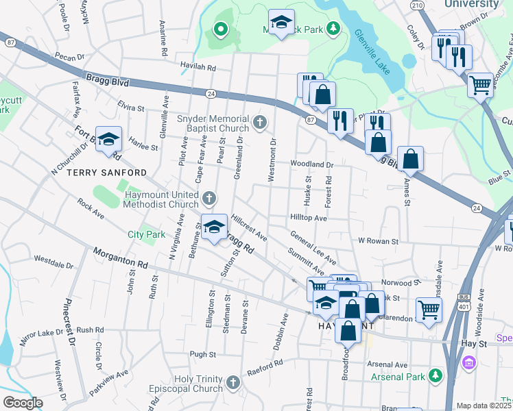 map of restaurants, bars, coffee shops, grocery stores, and more near 208 Peach Tree Street in Fayetteville