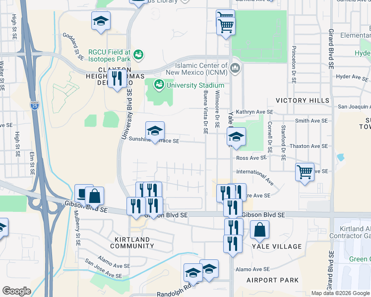 map of restaurants, bars, coffee shops, grocery stores, and more near Mesa Street Southeast in Albuquerque