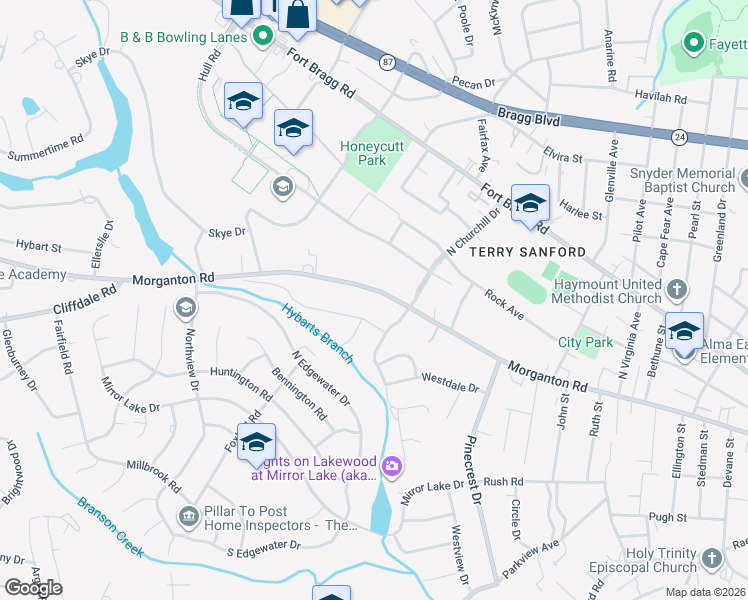 map of restaurants, bars, coffee shops, grocery stores, and more near 2500 Lockwood Road in Fayetteville