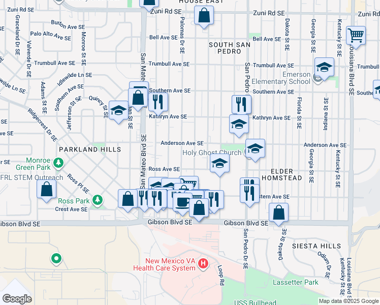 map of restaurants, bars, coffee shops, grocery stores, and more near 1013 Alvarado Drive Southeast in Albuquerque